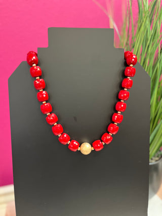 Red Metallic Beaded & Gold Necklace