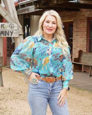 Cowgirl Collage Turquoise Chiffon Top