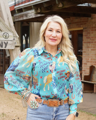 Cowgirl Collage Turquoise Chiffon Top