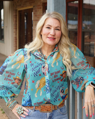 Cowgirl Collage Turquoise Chiffon Top