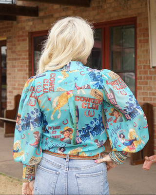 Cowgirl Collage Turquoise Chiffon Top