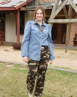 Camo Utility Pant, Denim Western Yoke Pearl Snap Top
