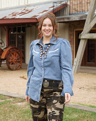 Denim Western Yoke Pearl Snap Top