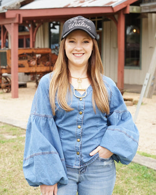 Denim Balloon Sleeve Tie Bow Top