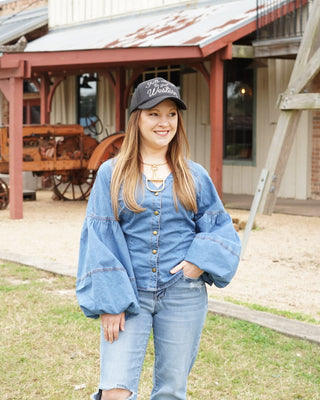Denim Balloon Sleeve Tie Bow Top