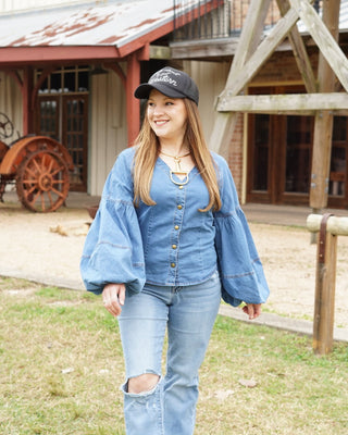 Denim Balloon Sleeve Tie Bow Top