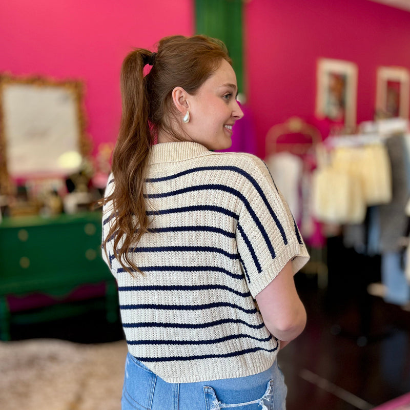 Ivory & Navy Collared Pullover Top