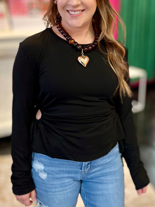 Black Side Cutout Drawstring Top