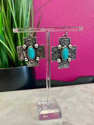 Silver Scroll & Turq Cross Earrings
