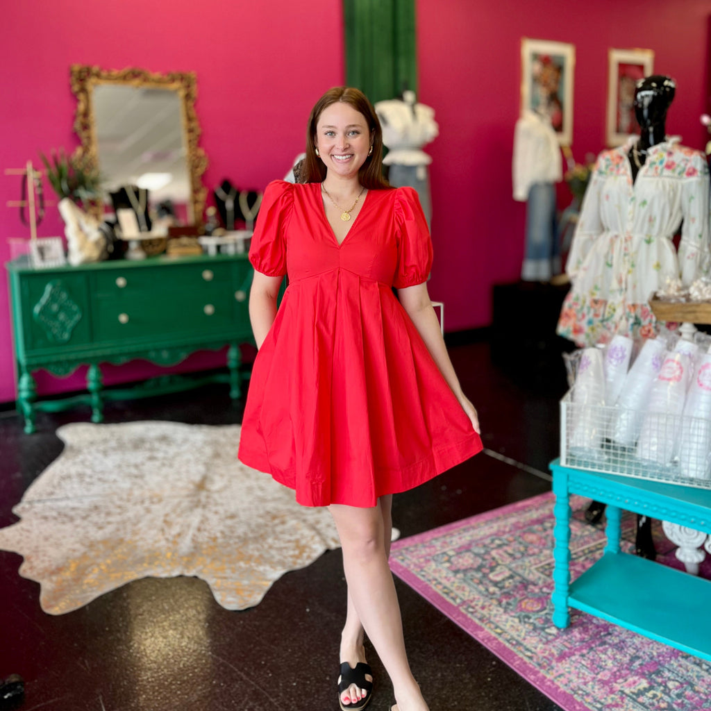 Red VNeck Baby Doll Dress