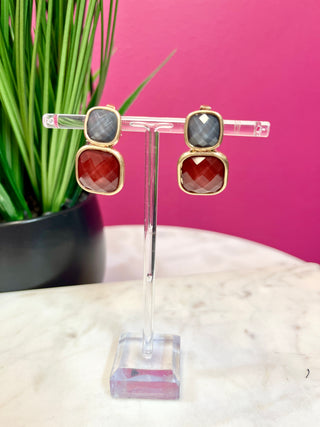 Maroon & Grey 2 Stone Earrings
