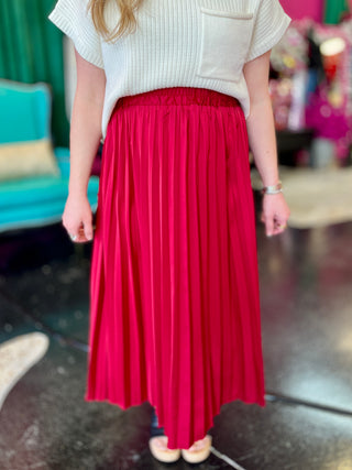 Deep Red Satin Pleated Midi Skirt