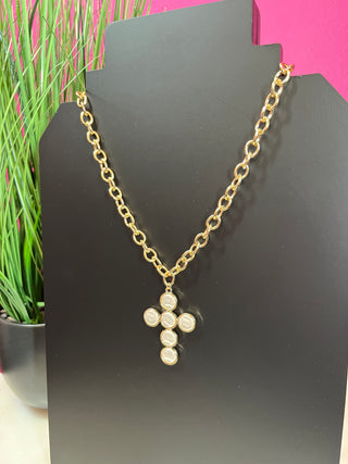 Pearl Cross Gold Link Necklace