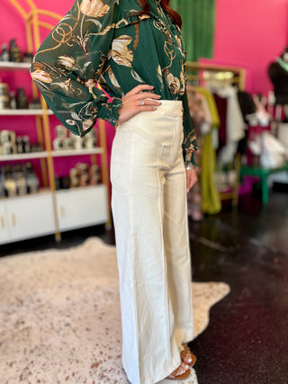 Cream Wide Leg Flare Jeans