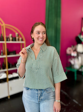 Hunter Green Gingham VNeck Top