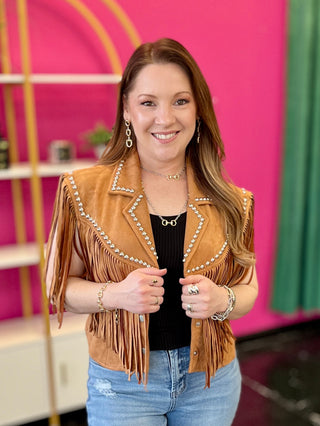Camel Studded Fringe Vest Top