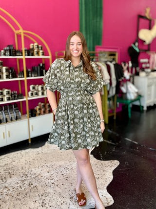 Olive Embroidery Gathered Waist Dress