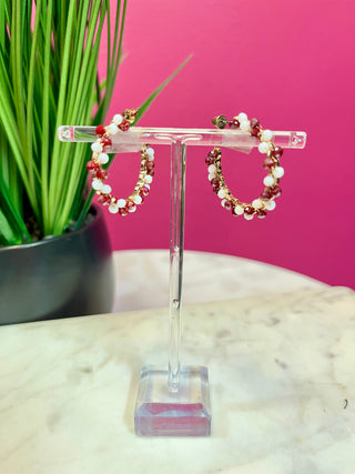 Maroon & White Twist Beaded Hoop Earring