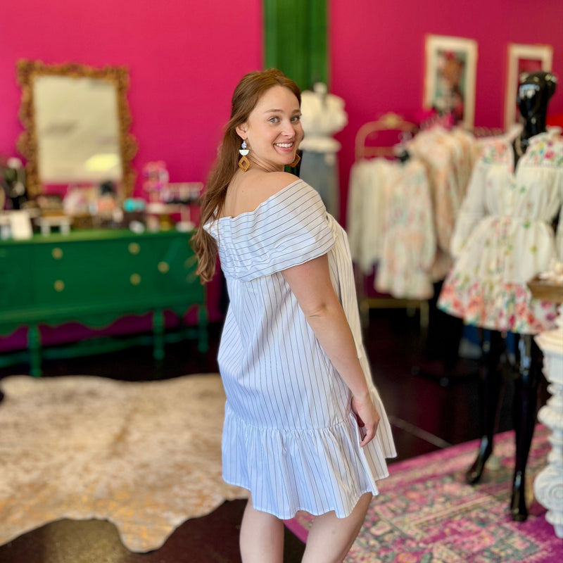 White Pinstriped Big Bow Dress