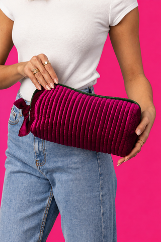 Fuchsia & Green Velvet Ribbed Travel Pouch