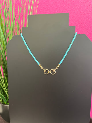 Gold Horsebit & Small Turq Bead Necklace