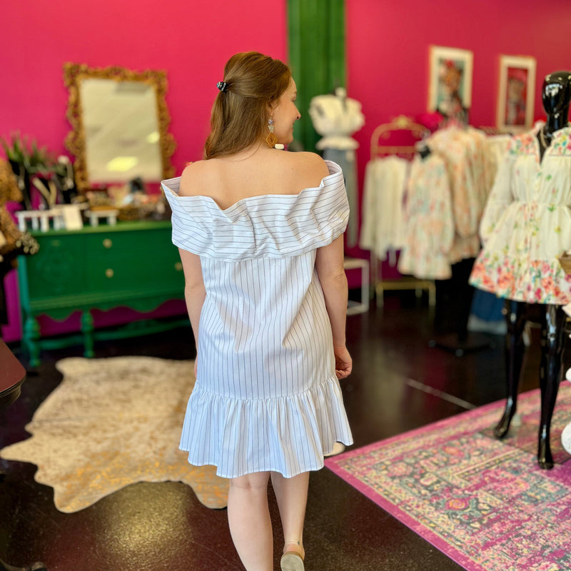 White Pinstriped Big Bow Dress