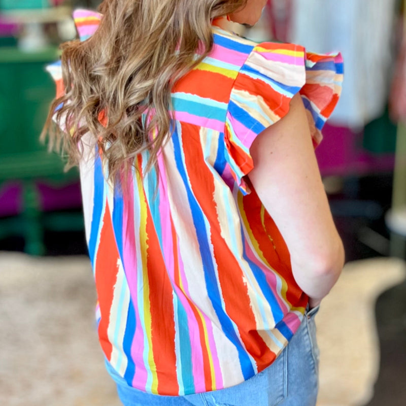 Multi Color Striped Flutter Sleeve Top