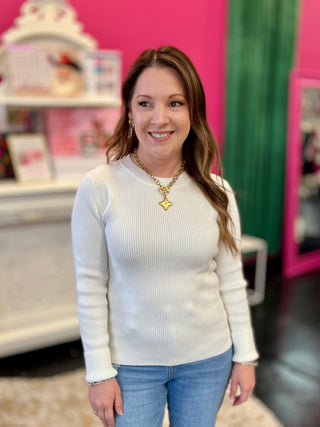 Off White Ribbed Knit Top