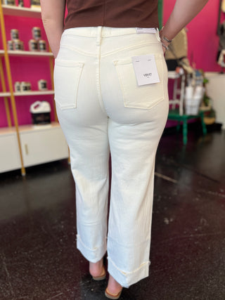 Aileeah White Denim Cuffed Slim Wide Leg Jean
