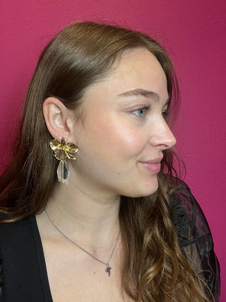 Gold Orchid & Clear Stone Earring