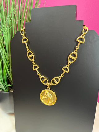 Gold Horse Medallion & Horsebit Necklace - Water Resistant