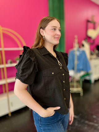 Black Mineral Wash Button Up Top