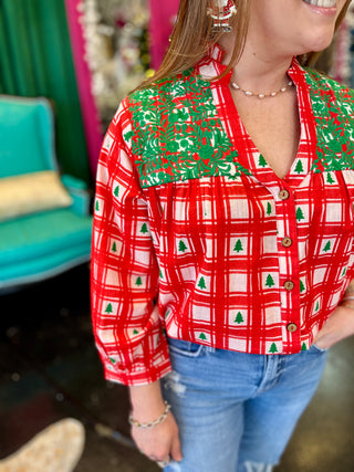 Jane Red Plaid & Embroidery Top