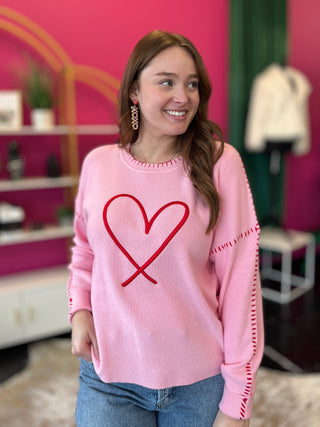 Pink & Red Embroidery Heart Sweater