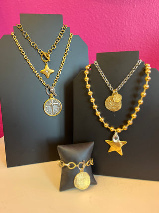 LNL Gold Crystal Cross Toggl Chain Necklace