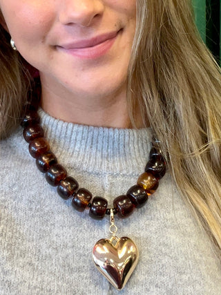 Brown & Gold Puff Heart Statement Necklace