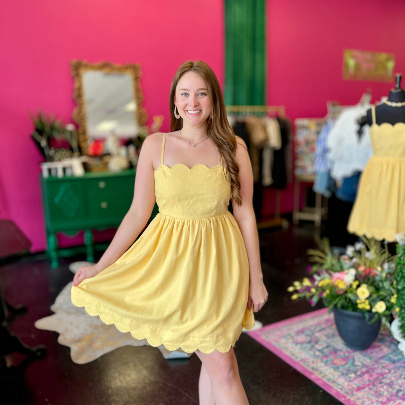 Yellow Scallopped & Bow Back Dress