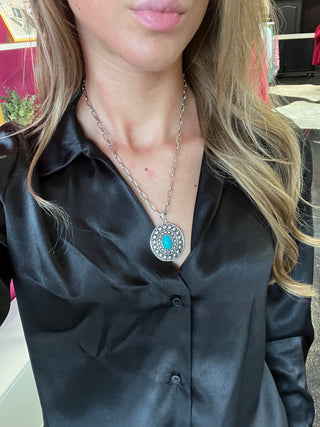Silver Dot Oval & Turquoise Chain Necklace