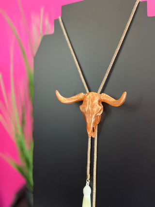 Pearlized Peach Bull Skull Crystal Bolo Necklace