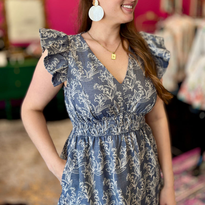 Denim & White Floral Print Dress