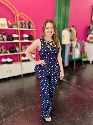 Navy & White Polka Dot Peplum Top