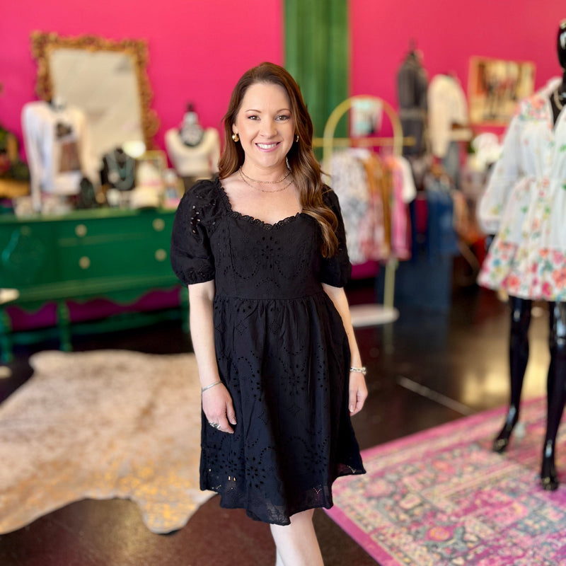 Black Sweatheart Eyelet Dress