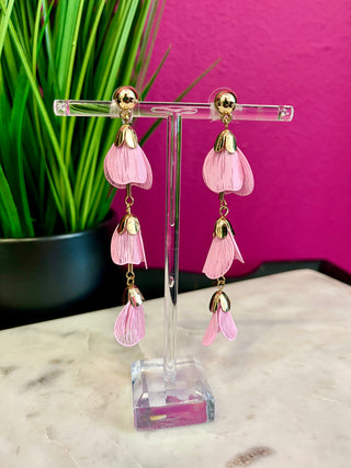 Pink & Gold Three Petal Long Earrings