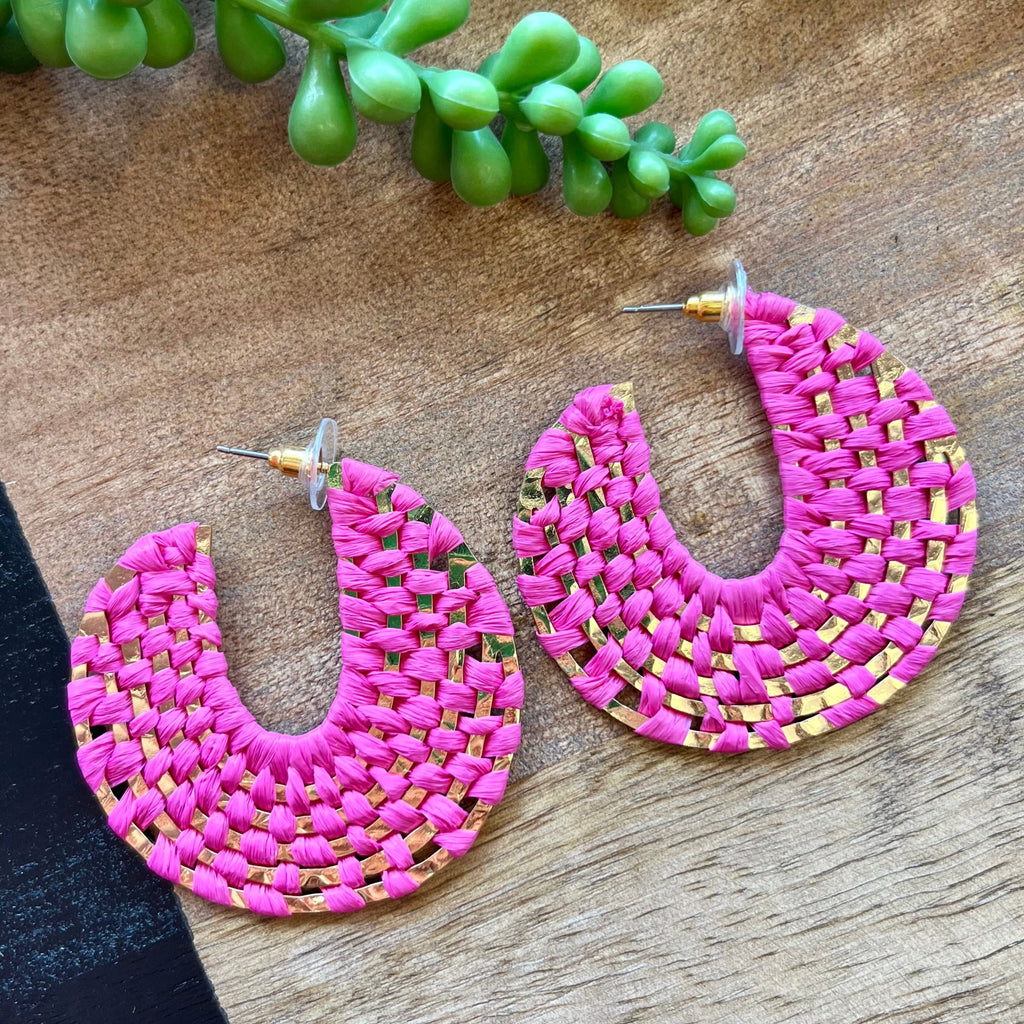 Hot Pink Woven Big Circle Hoop Earrings