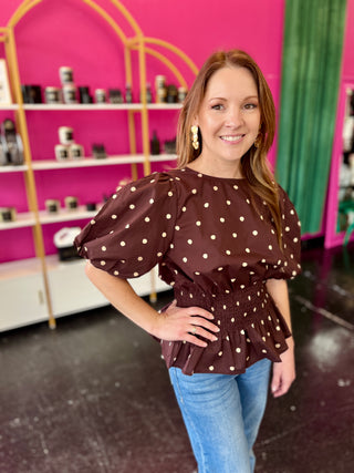 Brown & Cream Polka Dot Peplum Top
