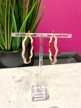 Gold & Crystal Wavy Hoop Earrings - Water Resistant