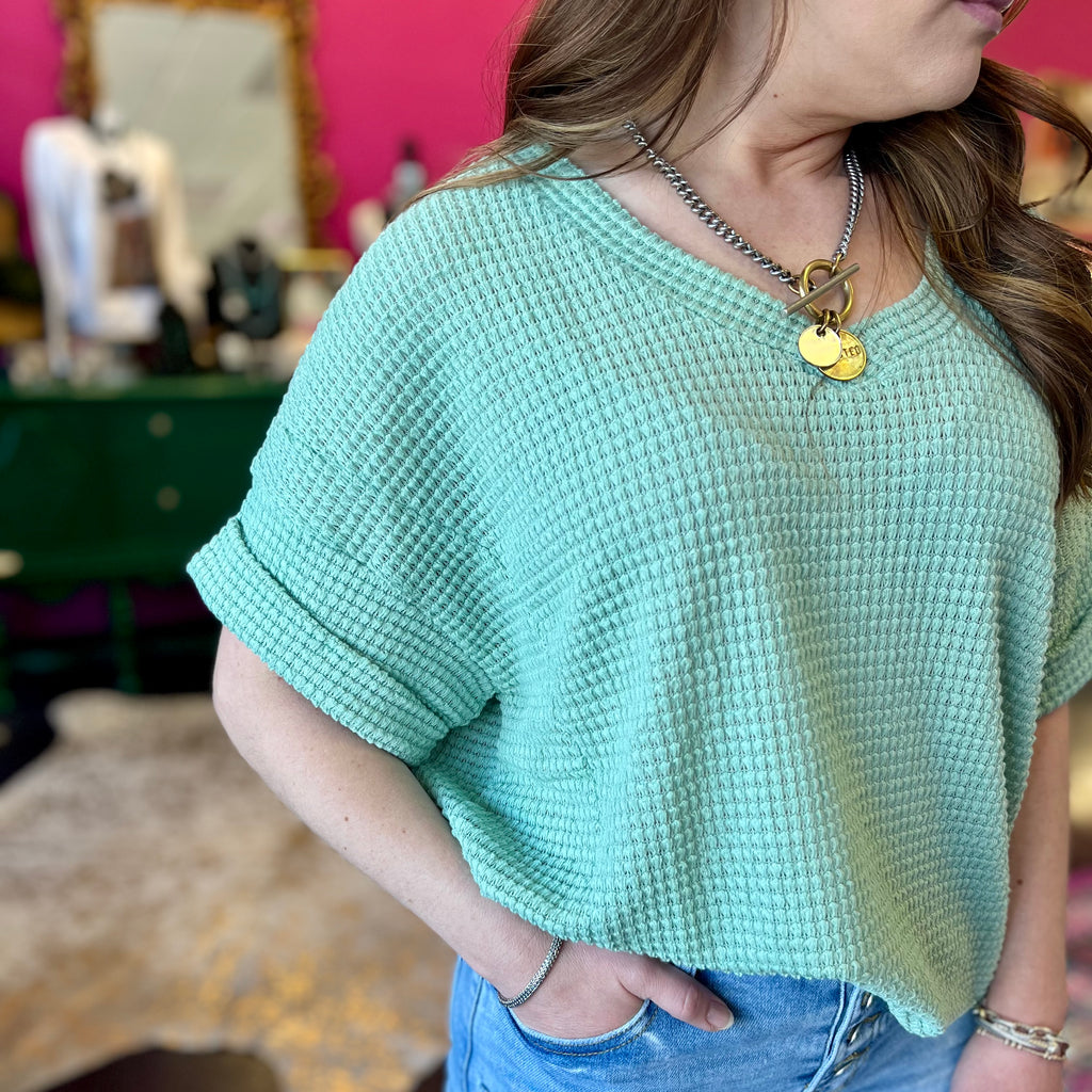 Seafoam Waffle VNeck Top