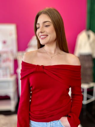 Red Bow Neckline Off Shoulder Top