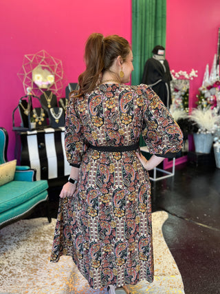 Black Paisley Print Midi Dress