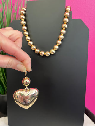 Gold Round Bead Puff Heart Necklace